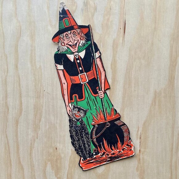 Vintage Halloween Wall Decor Witch w/ Cat & Pot m/ in U.S.A l Beistle Diecut - Picture 1 of 3